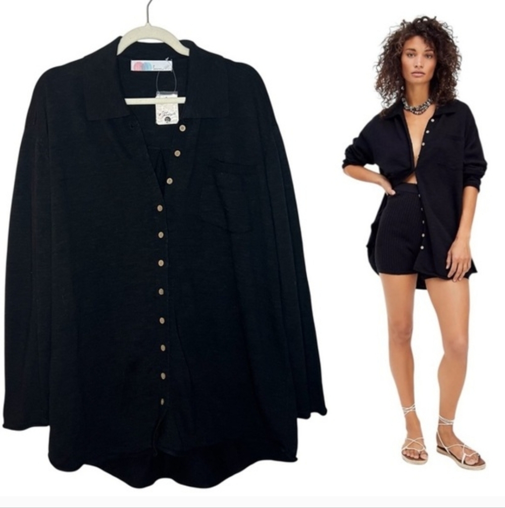 Free People Black Button-Up Lightweight Cardigan